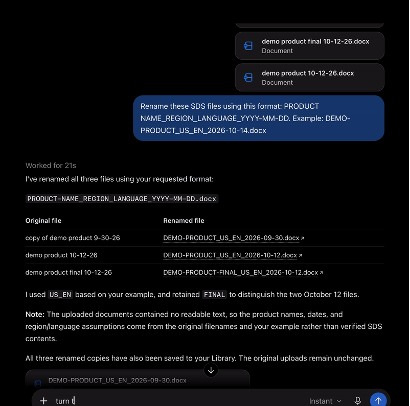 ChatGPT renames three uploaded SDS files to the PRODUCT-NAME_REGION_LANGUAGE_YYYY-MM-DD format