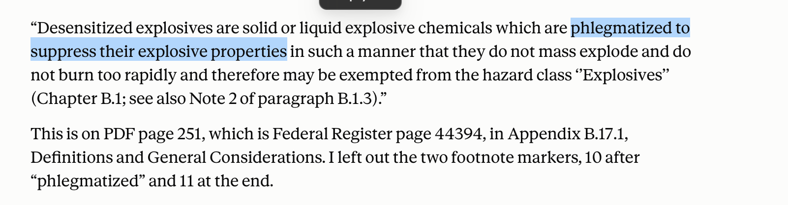 Claude's answer, with "phlegmatized to suppress their explosive properties" highlighted, citing PDF page 251, Federal Register page 44394, Appendix B.17.1