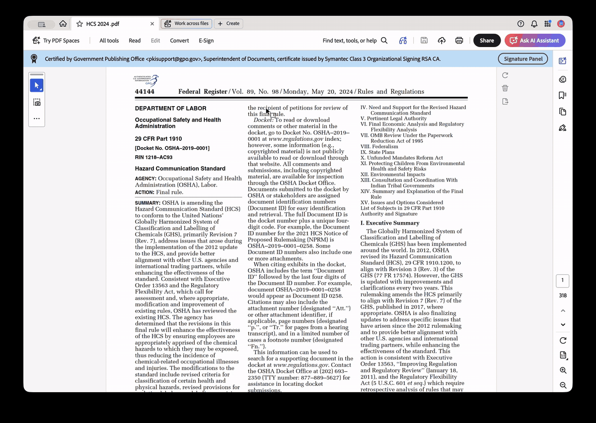 Adobe Acrobat search for "phlegmatized to suppress the" lands on PDF page 193 of 318, in OSHA's explanation of the "Keep wetted with" label statement